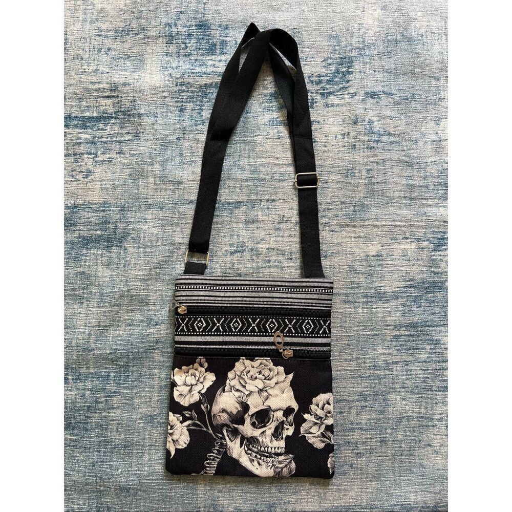 White Black Rose Flower Skull Cotton Canvas Two Pocket Crossbody Shoulder Pouch